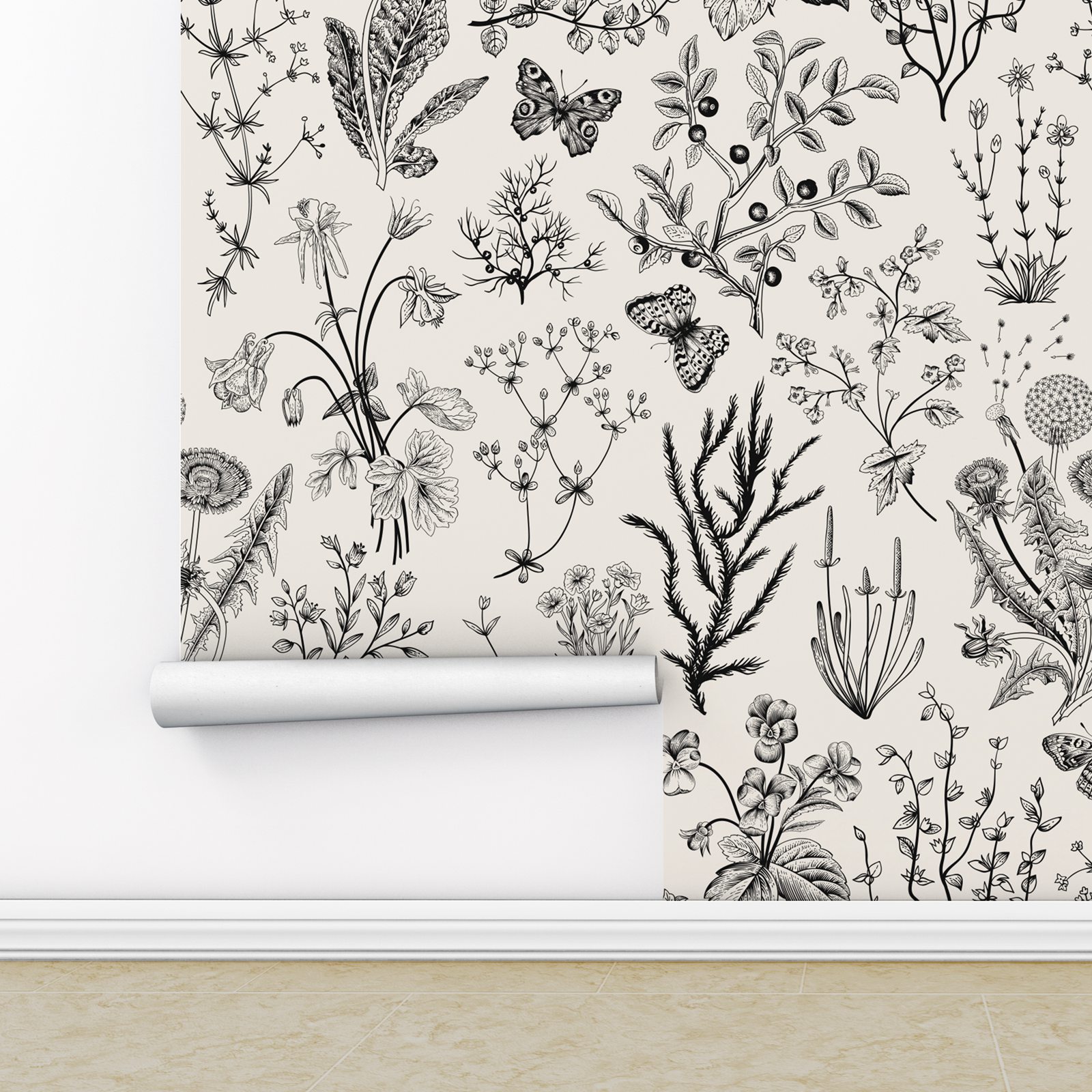 Schwarz-beige Vintage-Kräuter- – Herbal Wallpaper Bewertung und Preis